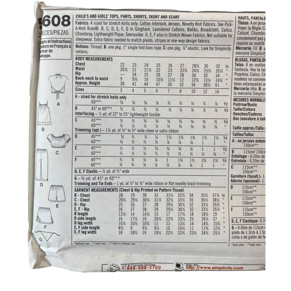 Simplicity Sewing Pattern 5608 Girls Tops Pants Shorts Skort Scarf Size 7-14 - Picture 2 of 2
